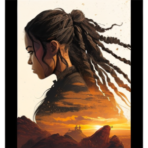 Amanah's Story. Woman with braids looking off into distance with a desolate landscape beneath her in sunset